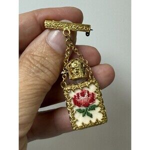 Vintage 1920’s Petit Point Filigree Glass Blown Flask Brooch Perfume Bottle